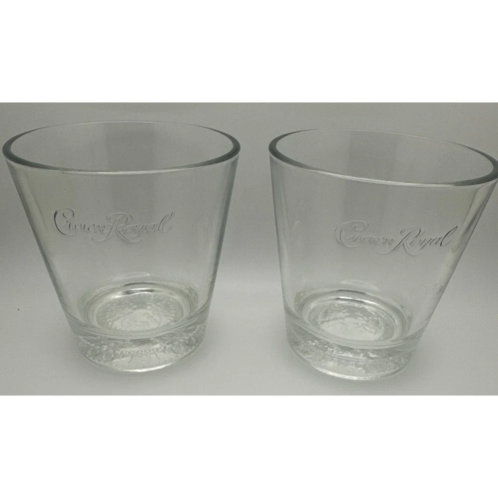2 Crown Royal Whiskey Rocks Vintage Embossed Logo on Side and Bottom Bar Glasses